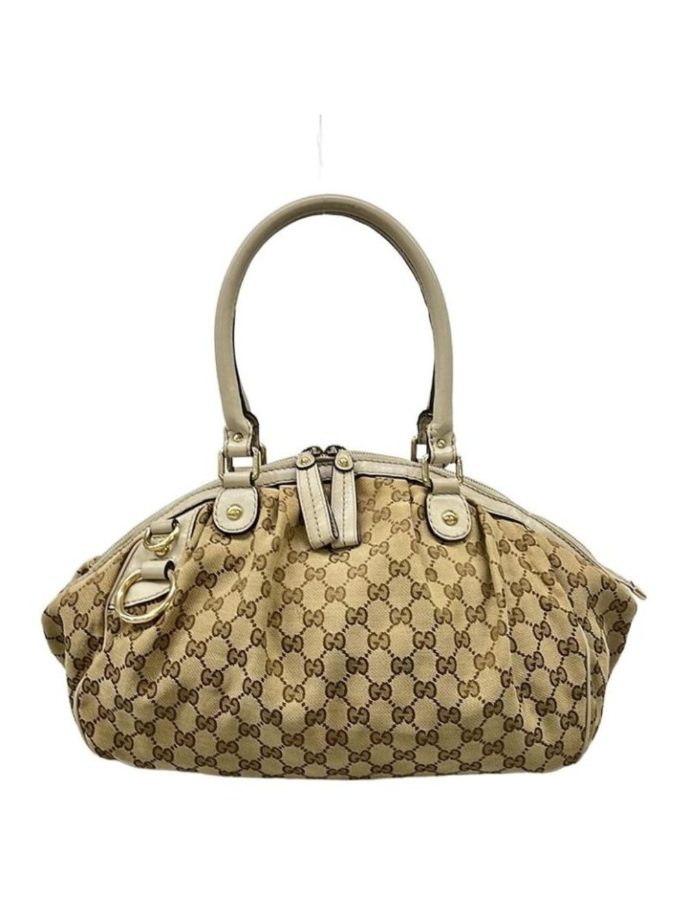 Gucci Handbag GG Pattern Beige Dark Brown Ivory Leather